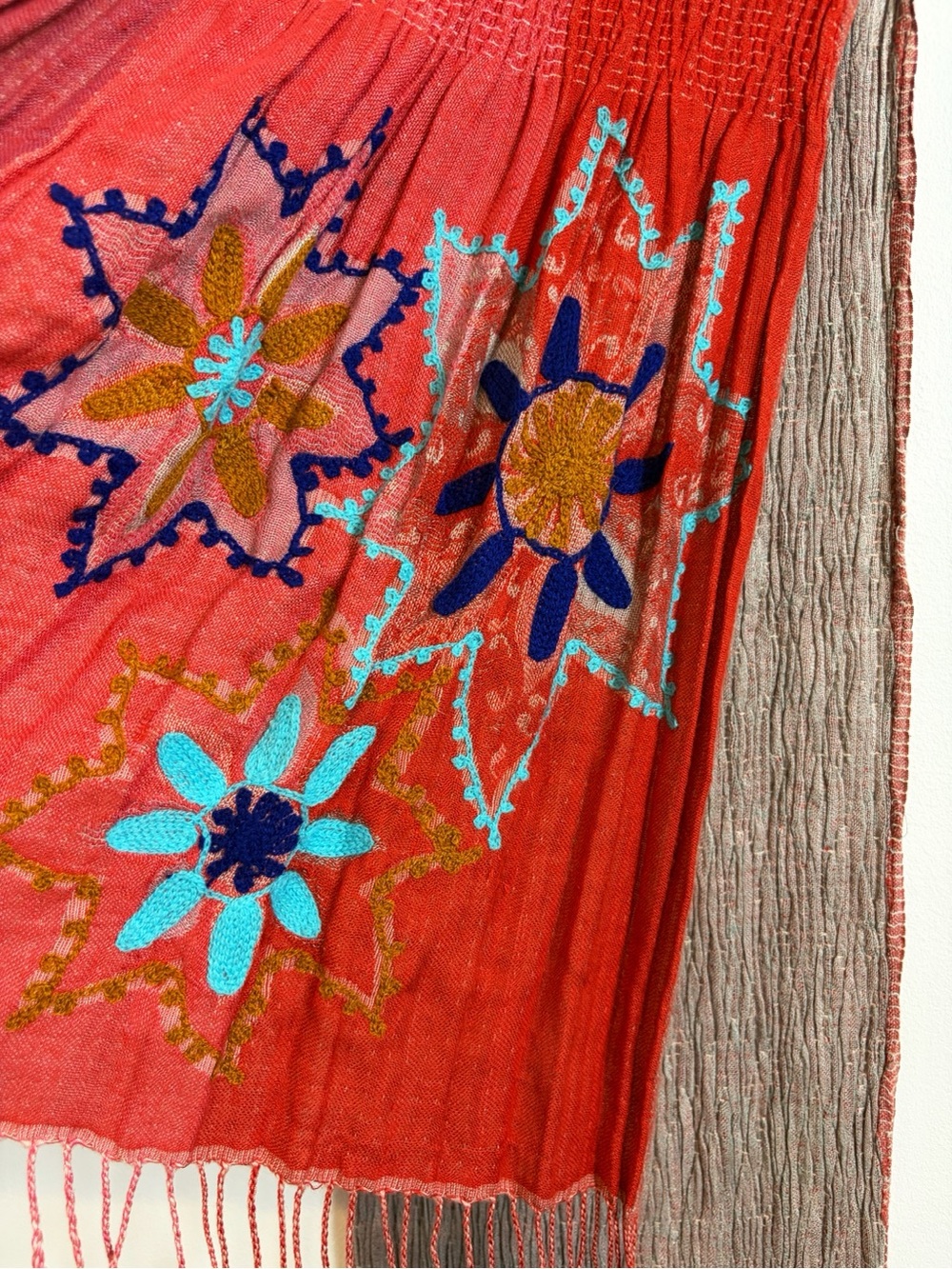 Unbranded Vintage Embroidered Bohemian Floral Smocked Scarf FLAWS